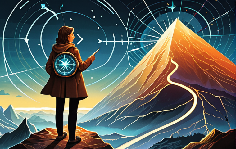 A serene individual, gender-neutral, holds a glowing, stylized compass, symbolizing their inner investor personality. They stand at a crossroads; one path leads to a turbulent, chaotic landscape with jagged stock market graphs and fleeting numbers, while the other opens to a more stable, intricate panorama of alternative investments: solid, enduring real estate, clean energy infrastructure, and abstract representations of long-term ventures. The compass needle clearly points towards the alternative path, emphasizing self-awareness as the ultimate guide in financial decisions. The atmosphere is calm and empowering, rendered in a modern, illustrative digital painting style with soft lighting.
