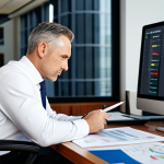 A focused male financial analyst in his mid-40s, wearing a modest, dark business suit and a crisp white shirt, sitting at a contemporary, large wooden desk in a well-lit corporate office. He is meticulously reviewing complex financial documents and charts displayed across multiple computer monitors, holding a pen in his well-formed hand. The setting is clean and modern, bathed in soft, natural light from a large window. Professional photography, high-resolution, sharp focus, perfect anatomy, correct proportions, natural pose, proper finger count, natural body proportions. Fully clothed, appropriate attire, safe for work, appropriate content, professional, family-friendly.
