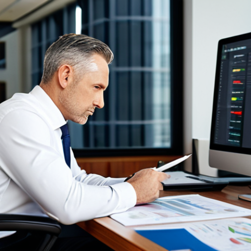 Home 7 A focused male financial analyst in his mid-40s, wearing a modest, dark business suit and a crisp white shirt, sitting at a contemporary, large wooden desk in a well-lit corporate office. He is meticulously reviewing complex financial documents and charts displayed across multiple computer monitors, holding a pen in his well-formed hand. The setting is clean and modern, bathed in soft, natural light from a large window. Professional photography, high-resolution, sharp focus, perfect anatomy, correct proportions, natural pose, proper finger count, natural body proportions. Fully clothed, appropriate attire, safe for work, appropriate content, professional, family-friendly.