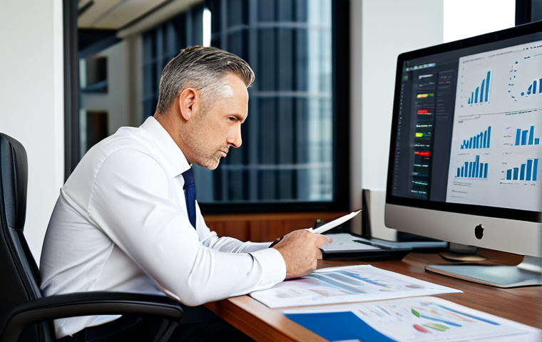 A focused male financial analyst in his mid-40s, wearing a modest, dark business suit and a crisp white shirt, sitting at a contemporary, large wooden desk in a well-lit corporate office. He is meticulously reviewing complex financial documents and charts displayed across multiple computer monitors, holding a pen in his well-formed hand. The setting is clean and modern, bathed in soft, natural light from a large window. Professional photography, high-resolution, sharp focus, perfect anatomy, correct proportions, natural pose, proper finger count, natural body proportions. Fully clothed, appropriate attire, safe for work, appropriate content, professional, family-friendly.