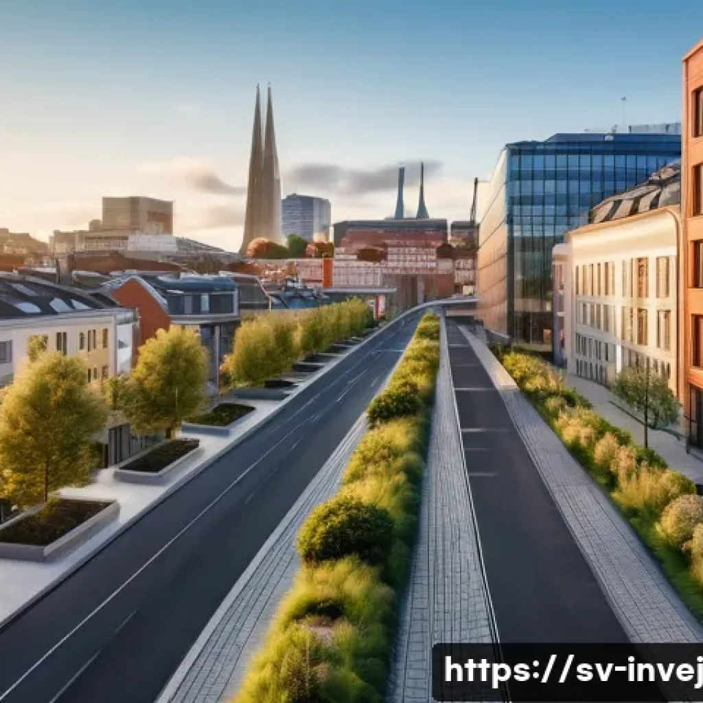 대체투자 포트폴리오 사례 연구 - A bustling, modern Scandinavian city skyline at dawn, showcasing a mix of sleek, sustainable high-ri...