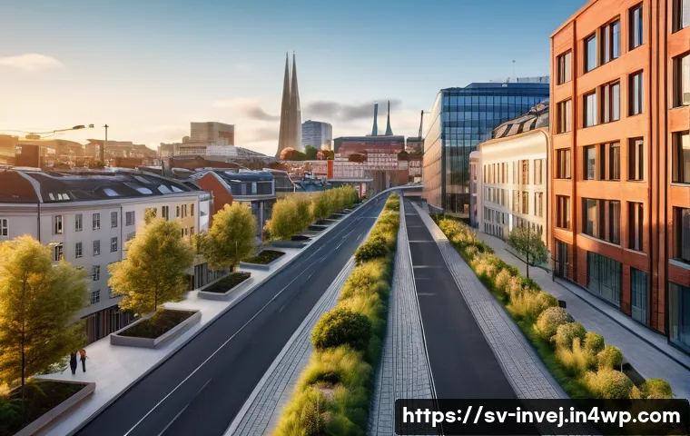 대체투자 포트폴리오 사례 연구 - A bustling, modern Scandinavian city skyline at dawn, showcasing a mix of sleek, sustainable high-ri...
