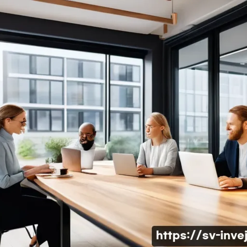 대체투자 포트폴리오에서의 중소기업 투자 - A modern Scandinavian-style office scene showcasing a small to medium-sized enterprise (SME) team co...