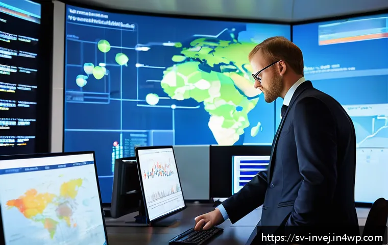 대체투자 포트폴리오의 글로벌 투자 환경 - A sophisticated office scene showing a Swedish financial analyst examining a large digital world map...