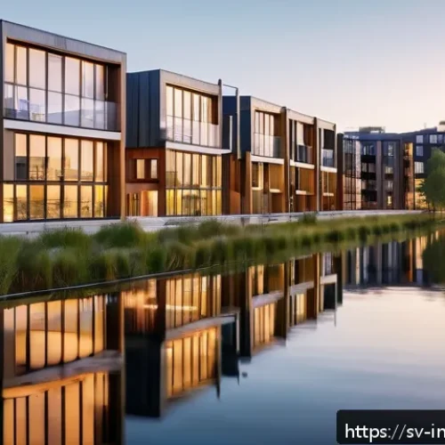 Home 31 대체투자 포트폴리오의 투자 성향별 접근법 - A modern Scandinavian-style apartment complex in Stockholm during golden hour, showcasing clean line...