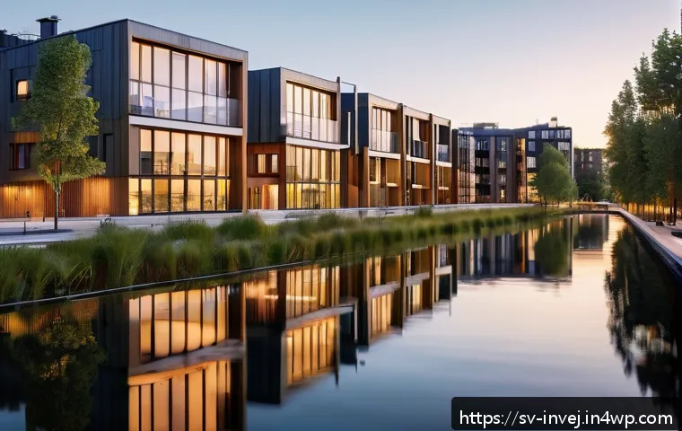 대체투자 포트폴리오의 투자 성향별 접근법 - A modern Scandinavian-style apartment complex in Stockholm during golden hour, showcasing clean line...
