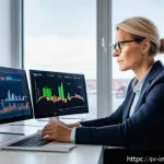 Home 18 대체투자 포트폴리오의 유동성 문제 - A professional Swedish investor’s modern home office setting with multiple digital screens showing r...